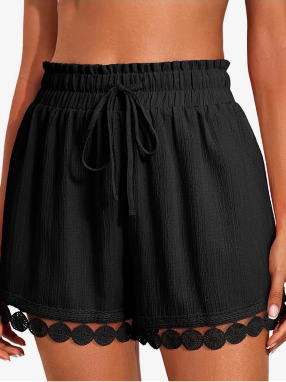 Black Crochet-Hem Drawstring Women's Shorts